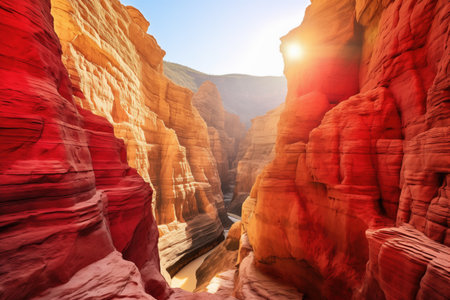 a canyon with red and gold layers highlighted by sun, created with generative aiの素材