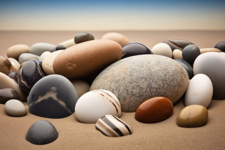 a smooth pebble collection on the beach, created with generative aiの素材