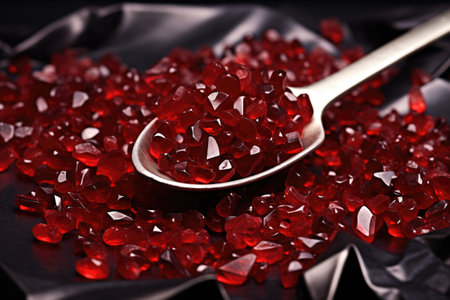red garnets in a steel scoop, created with generative aiの素材