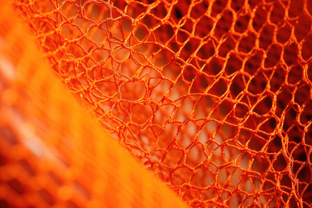 close-up of bright orange safety netting in sunlight, created with generative aiの素材