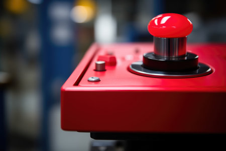red emergency stop button on a machine, created with generative aiの素材