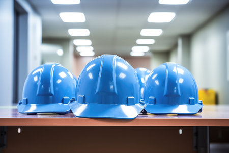 blue hard hats hung up in a break room, created with generative aiの素材