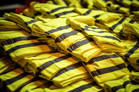 yellow safety vests stacked neatly, created with generative aiの素材