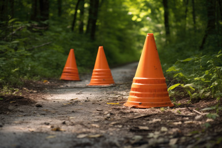 traffic cones placed on a closed-off road, created with generative aiの素材
