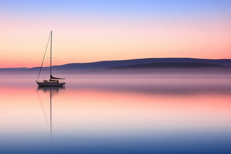 a sailboat floating on perfectly still waters at dawn, created with generative aiの素材