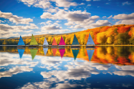 a group of colorful sailboats floating on a lake, created with generative aiの素材