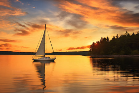 sunset view of a sailboat floating on a quiet bay, created with generative aiの素材