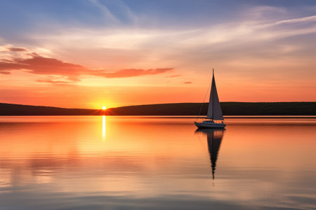 sunset view of a sailboat floating on a quiet bay, created with generative aiの素材