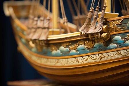 close-up of wooden sailboat with detailed craftsmanship, created with generative aiの素材