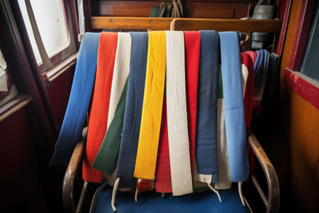 multiple colored signal flags draped over a boat seat, created with generative aiの素材