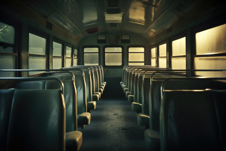 empty seats inside a well-lit school bus, created with generative aiの素材