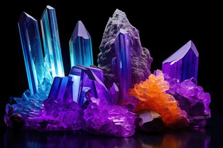 assorted minerals under uv light, created with generative aiの素材