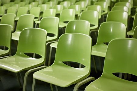row of green plastic chairs in a lecture hall, created with generative aiの素材
