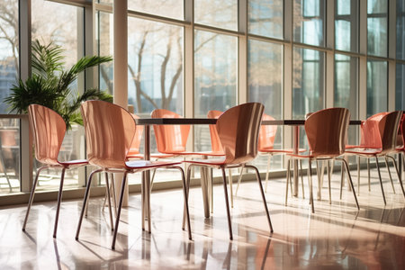 modern chairs in a cafeteria with glass windows, created with generative aiの素材