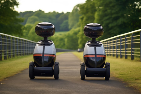 two segways positioned for race on an outdoor track, created with generative aiの素材