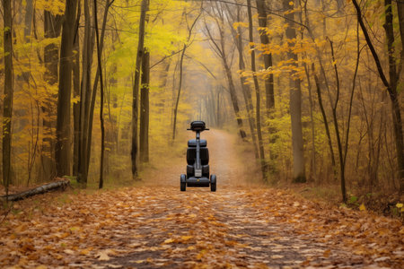 segway on a forest trail with autumn leaves, created with generative aiの素材