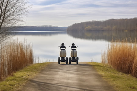 two segways on a paved path by a lake, created with generative aiの素材