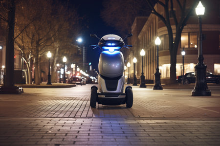 segway parked under a bright city lamplight, created with generative aiの素材