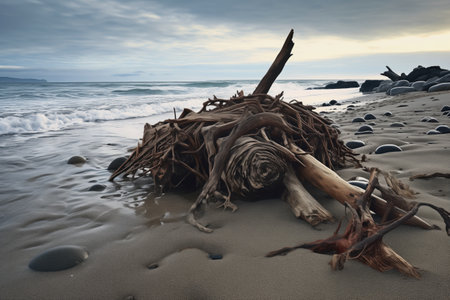 jetsam from shipwreck washed ashore on deserted beach, created with generative aiの素材
