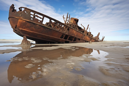 a rusty shipwreck marooned on a sandbar, created with generative aiの素材