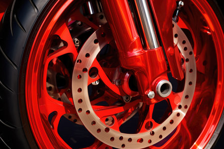 close-up of the wheel of a bright red sports bike, created with generative aiの素材