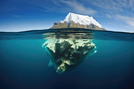 partially submerged, melting iceberg in coastal waters, created with generative aiの素材