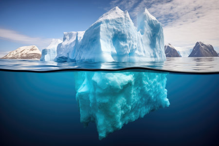 surface level shot of melting iceberg in calm water, created with generative aiの素材