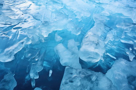 close-up of ice melting on ocean surface, created with generative aiの素材