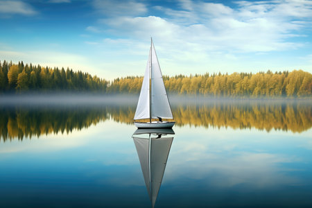 elevated shot of sailboat on calm lake, surrounded by nature, created with generative aiの素材
