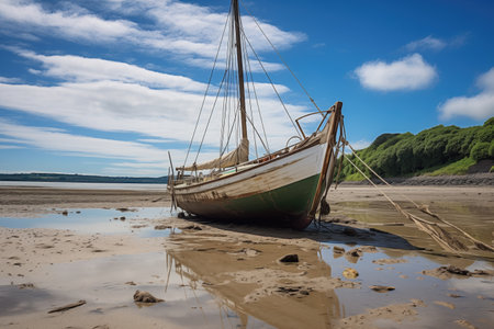 traditional sailboat beached at low tide, created with generative aiの素材