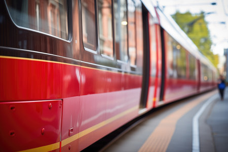 close-up of the exterior of a red tram car, created with generative aiの素材