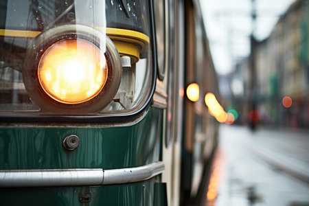 close-up of a trams headlight and front exterior, created with generative aiの素材
