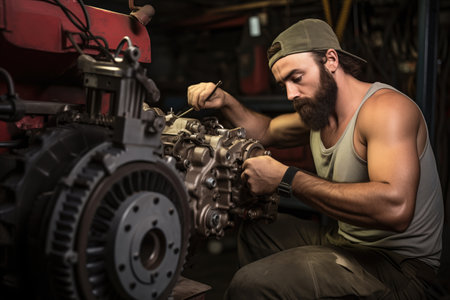 mechanic working on the alternator of a truck, created with generative aiの素材