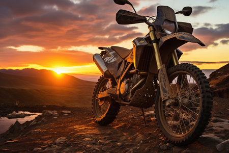close-up of an off-road motorcycle against sunset, created with generative aiの素材