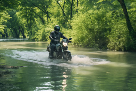 motorcycle crossing a shallow river, created with generative aiの素材