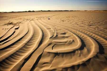 motorcycle tire tracks on beach sand, created with generative aiの素材