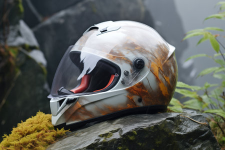 close-up of foggy motorcycle helmet on a rock, created with generative aiの素材