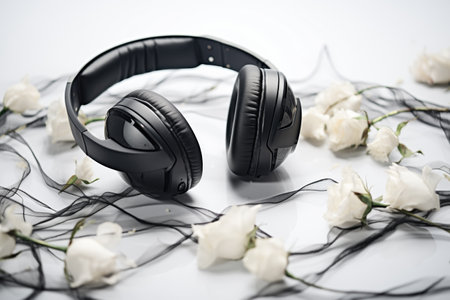 black headphones on a white desk, created with generative aiの素材