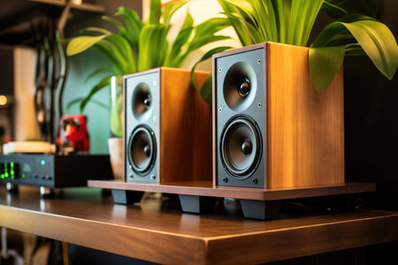 mini home theater system on a wooden shelf, created with generative aiの素材