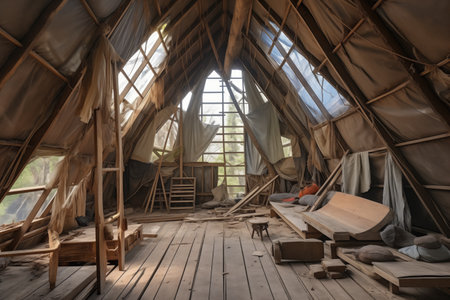 image of an unfinished cabin of a sailing ship, created with generative aiの素材