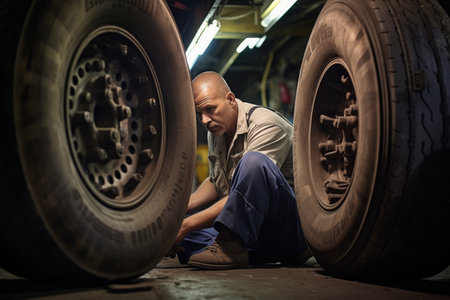 a bus mechanic checking the alignment of wheels, created with generative aiの素材