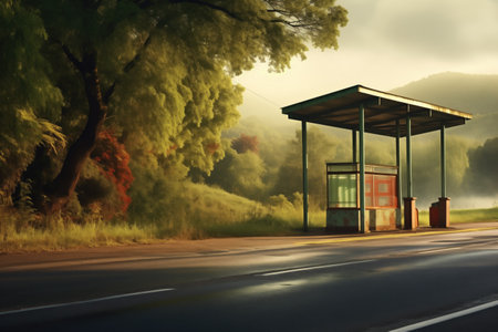 an isolated bus stop on a rural route, created with generative aiの素材