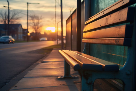 close-up of a wooden bench at a bus stop, created with generative aiの素材