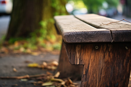 close-up of a wooden bench at a bus stop, created with generative aiの素材