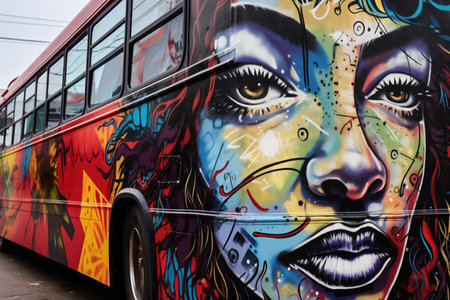 artistic graffiti on side of parked city tour bus, created with generative aiの素材