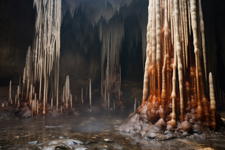 stalagmites rising up from the floor of a damp cave, created with generative aiの素材