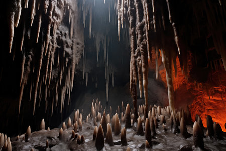 stalagmites rising up from the floor of a damp cave, created with generative aiの素材