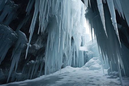 dripping icicles formed inside a snowy cave, created with generative aiの素材