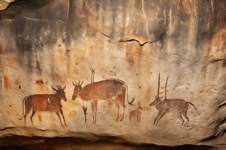 ancient cave paintings on a rough stone surface, created with generative aiの素材