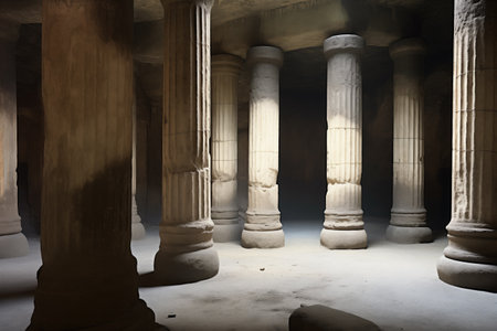 stone pillars inside a cavernous, multi-chambered cave, created with generative aiの素材